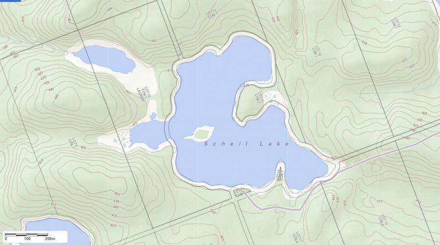 Topographical Map of Scheil Lake in Municipality of Unorganized and the District of Parry Sound